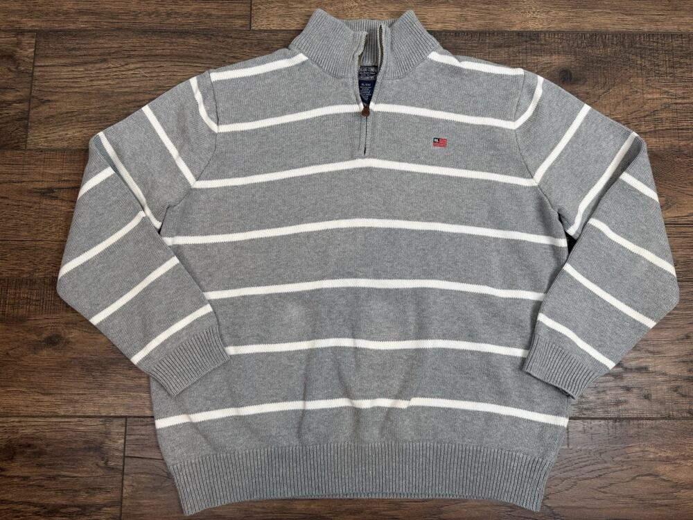 Polo Jeans Co Ralph Lauren Mens XL Grey White Striped 1/4 Zip Sweater Y2K Cotton